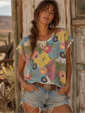 Haly Solar | Floral Patchwork Top Upcycled Rayon Made in LA | Small